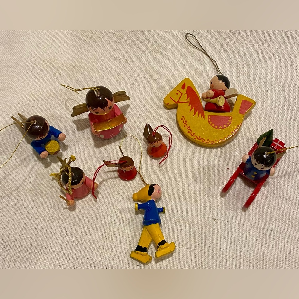 Vintage Christmas wooden ornaments -mini 8 items mostly angels bright colors